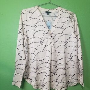 Ann Taylor XXSmall Long Sleeve Top Cream Blouse with Black and Burgandy Pattern